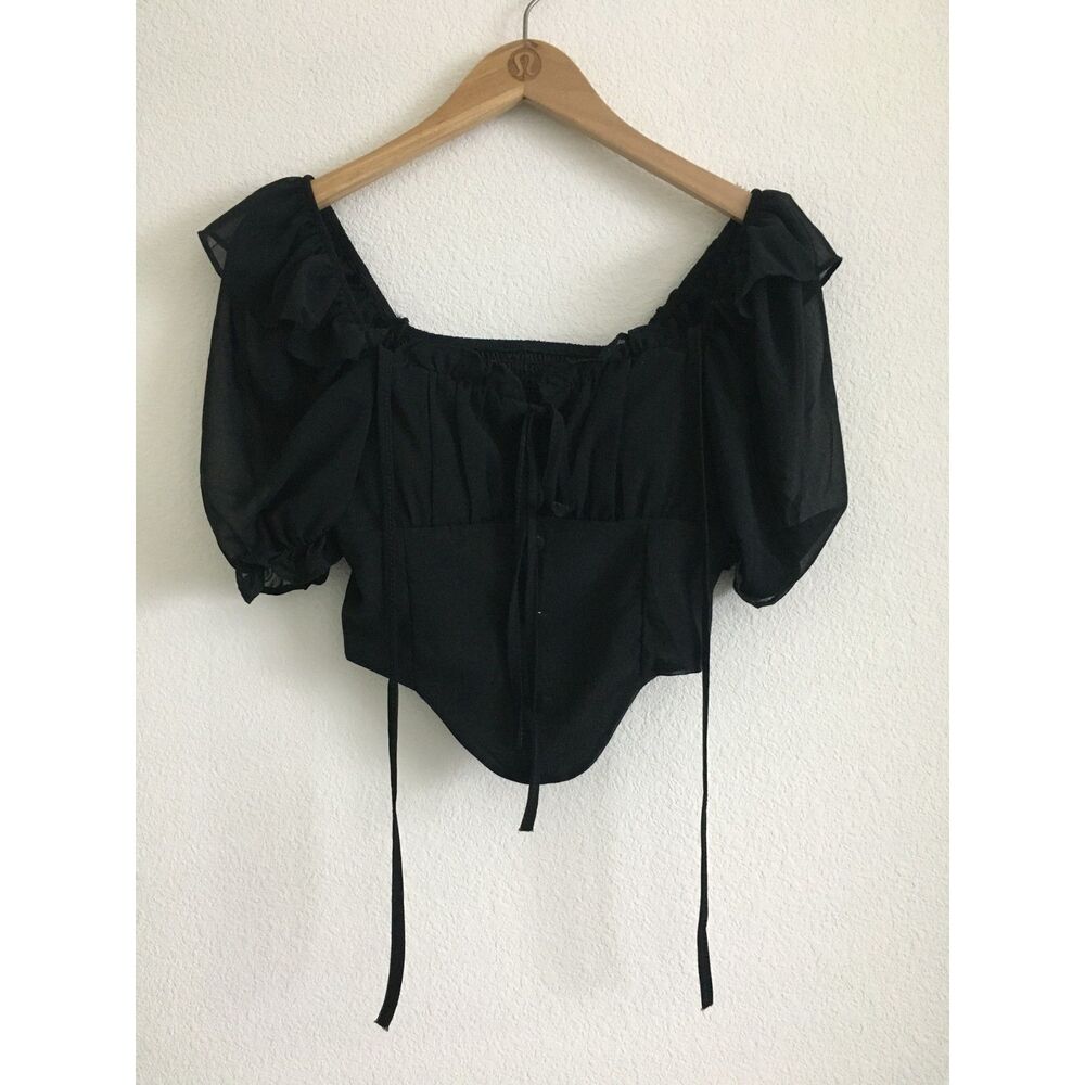 Black Corset Bustier Crop Top Sheer Puff Sleeve Lace Up Smocked Back Coquette SM
